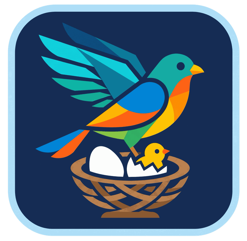 koozio icon — geometric bird taking flight from a nest